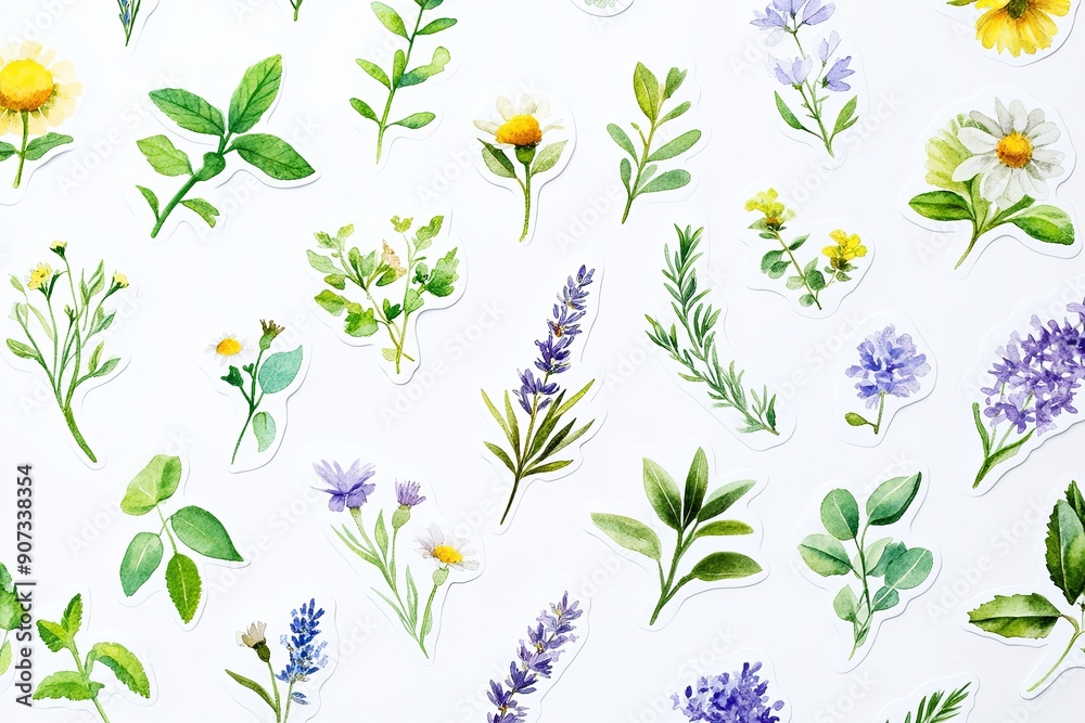 Canvas Prints Herbal Bliss: A sticker set with watercolor illustrations of different herbs