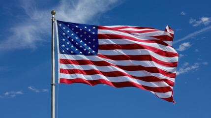 Obraz premium An American flag rippling gently in the breeze, its stars and stripes clear and vibrant against a deep, cloudless blue sky, symbolizing national pride.