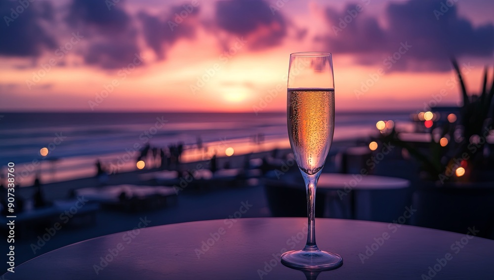 Poster n elegant champagne flute sits on a table at a rooftop bar during sunset.