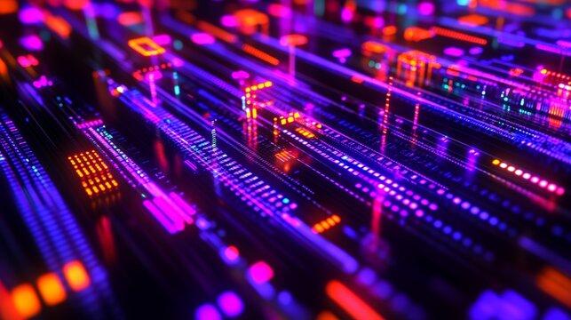 Abstract digital circuit board with glowing neon lights in purple and orange.  A futuristic tech background.
