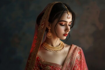 Portrait of an elegant Indian girl in a lehenga choli or sari, adorned with traditional kundan jewelry set, showcasing timeless beauty and ethnic fashion.