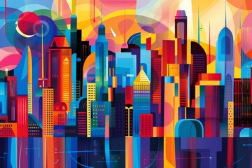 A vibrant city skyline with colorful abstract shapes blending with the architecture, AI generated