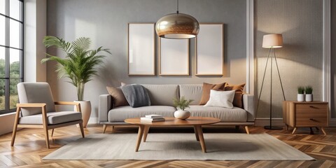 Modern Living Room Interior with Scandinavian Design Featuring Comfortable Sofa, Armchair, Coffee Table, Floor Lamp, Houseplant, and Wall Art in a Cozy and Stylish Home Setting
