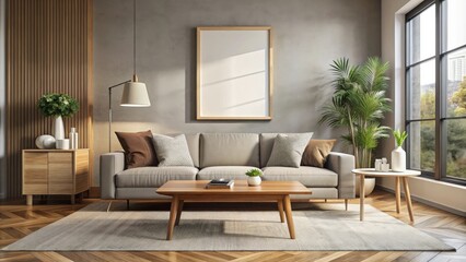 Contemporary living room with mock-up poster and wooden coffee table, tastefully decorated, modern
