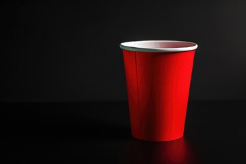 A single red cup with a white lid sitting on a wooden or metal table, suitable for coffee or tea breaks