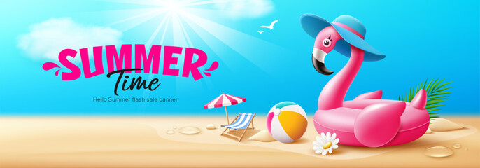 Summer time banner, Pink flamingo inflatable swimming pool ring float, beach umbrella, pile of sand, beach ball, on cloud and sky sand beach background, eps 10 vector illustration  © Sarunyu_foto