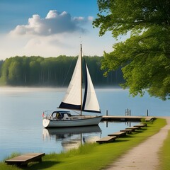 Obraz premium CZAPLINEK, WEST POMERANIAN - POLAND - JUNE 14, 2024: LANDSCAPE BY THE LAKE - A sailboat moored in the marina
