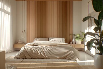 A cozy bedroom with a wooden headboard, suitable for interior design or lifestyle photography