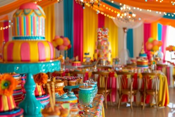 Naklejka premium Festive circus-themed birthday party setup with a colorful table, balloons, and decorations, A vibrant carnival setting filled with birthday delights, AI generated