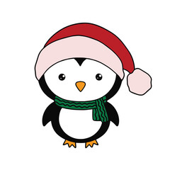 Vector cute penguin with Santa hat, scarf isolated on the white background