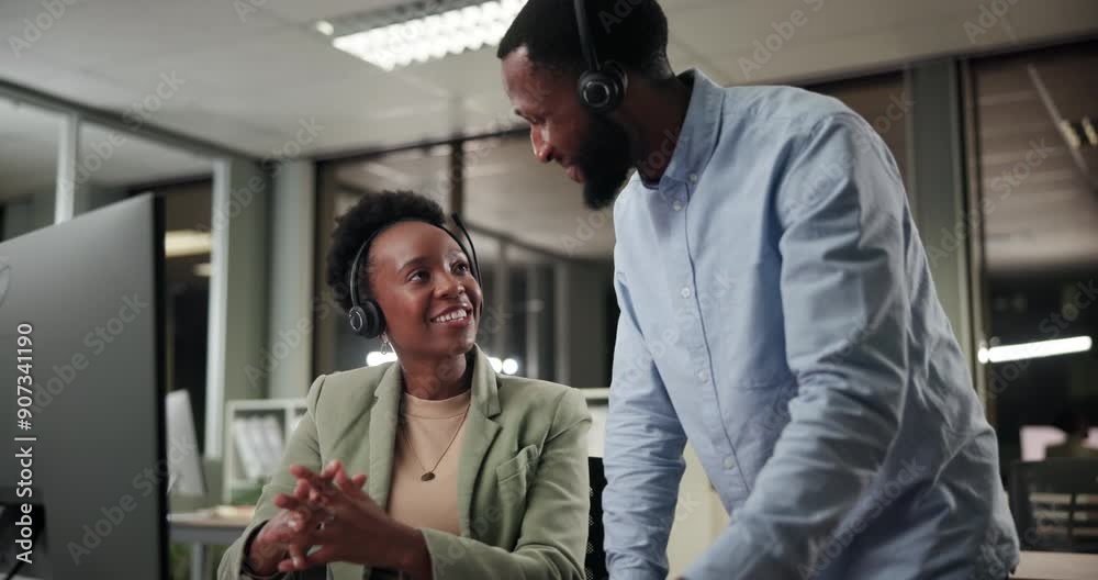 Poster computer, advice or people in call center for help in telemarketing or customer services online. sup