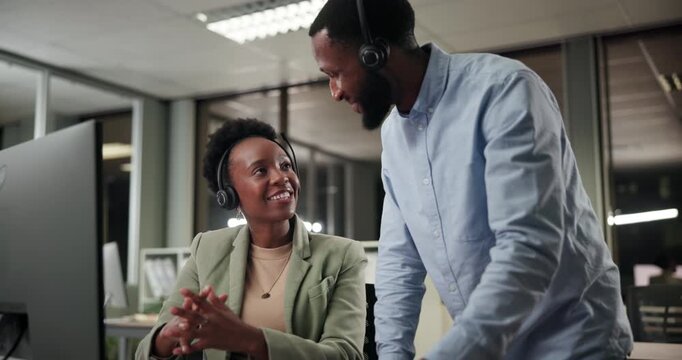 Computer, advice or people in call center for help in telemarketing or customer services online. Support, task training or leader teaching sales agent for learning new job skills or brief instruction