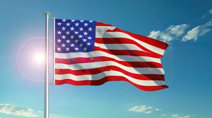 Obraz premium The American flag fluttering in a strong breeze, its colors vibrant and bold, set against a bright, cloudless blue sky.