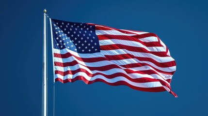 The American flag flying high and proud, its colors crisp and vibrant, set against an endless expanse of deep blue sky, symbolizing unity and freedom.