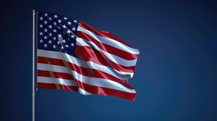 Obraz premium The American flag flying high and proud, its colors crisp and vibrant, set against an endless expanse of deep blue sky, symbolizing unity and freedom.