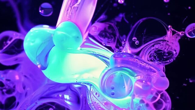 A closeup of bubbling and fizzing explosions of luminous neoncolored liquids.