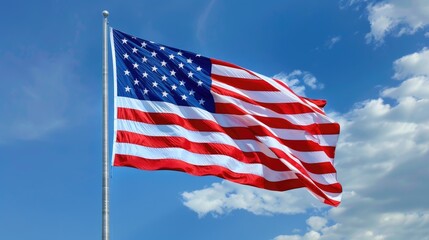 Fototapeta premium The American flag rippling in the wind, its vibrant colors contrasting sharply against a bright, cloudless blue sky, symbolizing hope and pride.