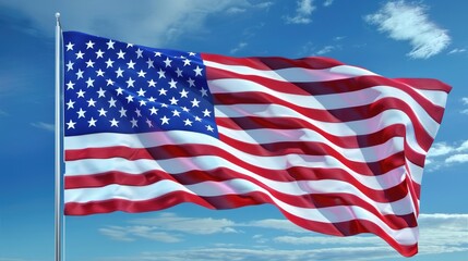 Fototapeta premium The American flag rippling in the wind, its vibrant colors contrasting sharply against a bright, cloudless blue sky, symbolizing hope and pride.