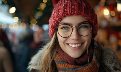 A happy group of friends is exploring a Christmas market and enjoying a souvenir shop, with cheerful young tourists embracing winter holidays and traditional culture outdoors.