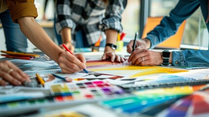 Fototapeta premium A creative team working on a design project, brainstorming with sketches and color swatches