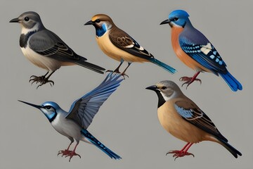 Set of various beautiful birds wagtail, mourning dove, robin, blue jay, sparrow isolated on transparent background