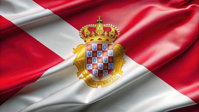 Monaco flag featuring a red and white diagonal design with a stylized coat of arms in the center, Monaco, flag, red
