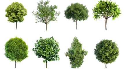 A collection of various tree species on a white background