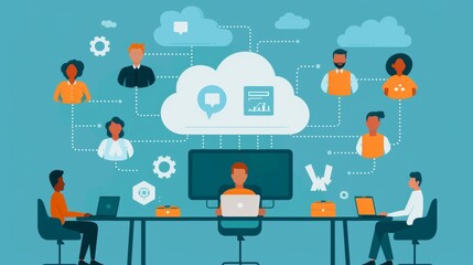 Cartoon vector virtual collaboration through cloud computing with team members connecting remotely