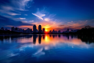 Fototapeta premium Sunset over river in city, sun casting warm glow on water, buildings silhouetted against colorful sky, A serene sunset over a skyline of buildings reflecting in a calm river, AI generated