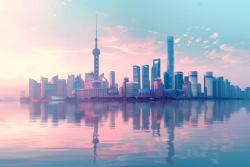 Obraz premium A serene city skyline with soft pastel colors and gentle gradients, AI generated