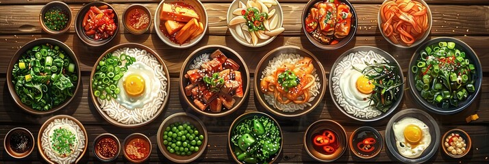 Illustration of Various Korean Dishes on a Wooden Table