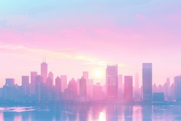 Fototapeta premium A pink sunset over a city on the horizon, A serene city skyline with soft pastel colors and gentle gradients, AI generated