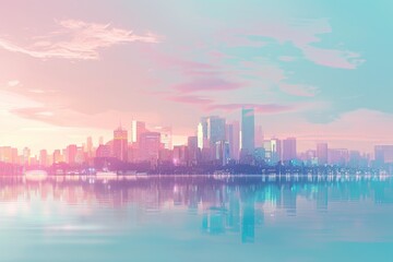 Obraz premium A pink sunset over a city on the horizon, A serene city skyline with soft pastel colors and gentle gradients, AI generated