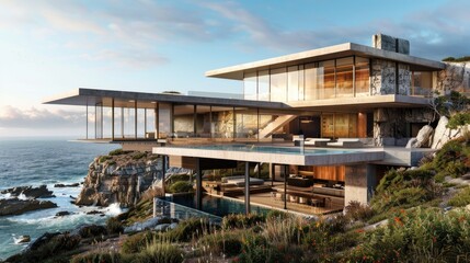 Fototapeta premium A contemporary cliffside mansion with a cantilevered design, extensive use of glass, and a large infinity pool overlooking a rugged coastline.