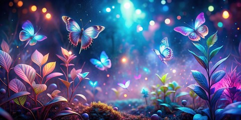 Enchanting holographic garden with glowing plants and ethereal butterflies, enchanted, holographic, garden, glowing