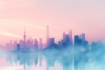 Fototapeta premium A city skyline in the distance against a pink sky, A serene city skyline with soft pastel colors and gentle gradients, AI generated
