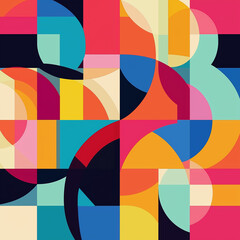 A vibrant geometric pattern background with bold shapes and contrasting colors