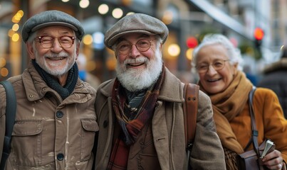 Fototapeta premium A cheerful group of senior people is walking outdoors, laughing and having fun together on a city street, capturing the essence of joyful aging.