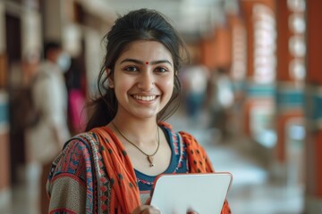 Indian student's close-up portrait in a university, holding a tablet and radiating happiness and pride in academic achievements and goals.