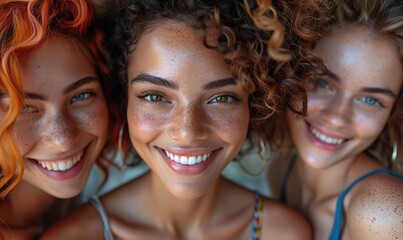 A lively group of young, diverse women is taking a video selfie with a smart mobile phone, showcasing their vibrant personalities.
