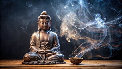 Statue of Buddha in peaceful meditation surrounded by incense smoke, Buddhism, meditation, spirituality, peaceful