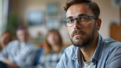 Obraz premium Man with glasses looks thoughtfully, moment of contemplation and introspection