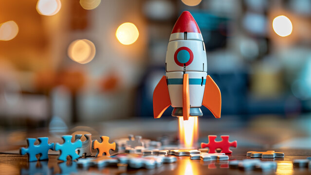 Toy rocket standing upright on table with scattered puzzle pieces, ready for takeoff