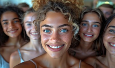 A joyful group of young people is taking a selfie indoors, with smiling individuals laughing at the camera and highlighting youth community and technology.