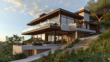 Fototapeta premium A contemporary hillside house with a tiered design, large windows, and a rooftop patio with glass railings providing stunning views of the valley below.
