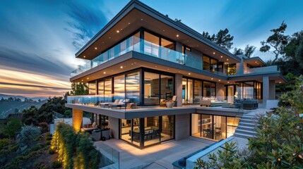 Fototapeta premium A contemporary hillside house with a tiered design, large windows, and a rooftop patio with glass railings providing stunning views of the valley below.