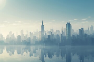 Fototapeta premium The city skyline is mirrored in the calm water below, A serene and tranquil city skyline with a feeling of peace and serenity, AI generated