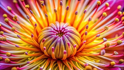 Hyper-realistic close-up of vibrant flower stamens and pistils showcasing intricate details, botanical, close-up