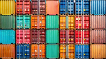 Frontal view of a stack of containers, containers, stack, storage, organization, industrial, logistics, warehouse, shipping