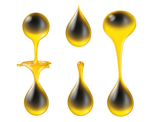 A detailed vector illustration set of yellow oil drops in various forms, isolated on a transparent background. 